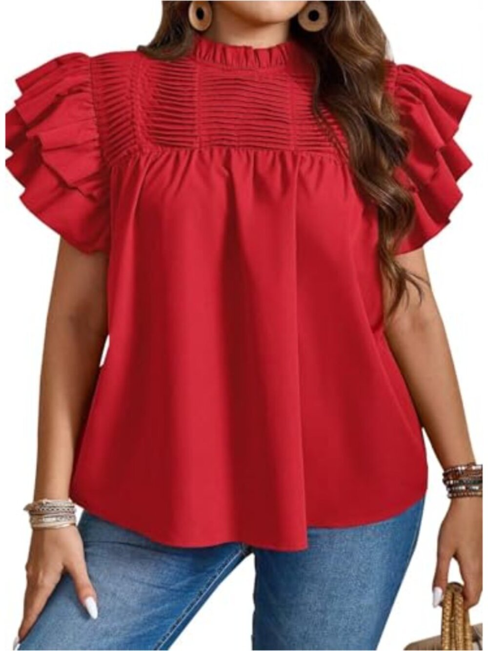 Women's Plus Size Ruffle Sleeve Pleated Blouse Mock Neck Loose Fit